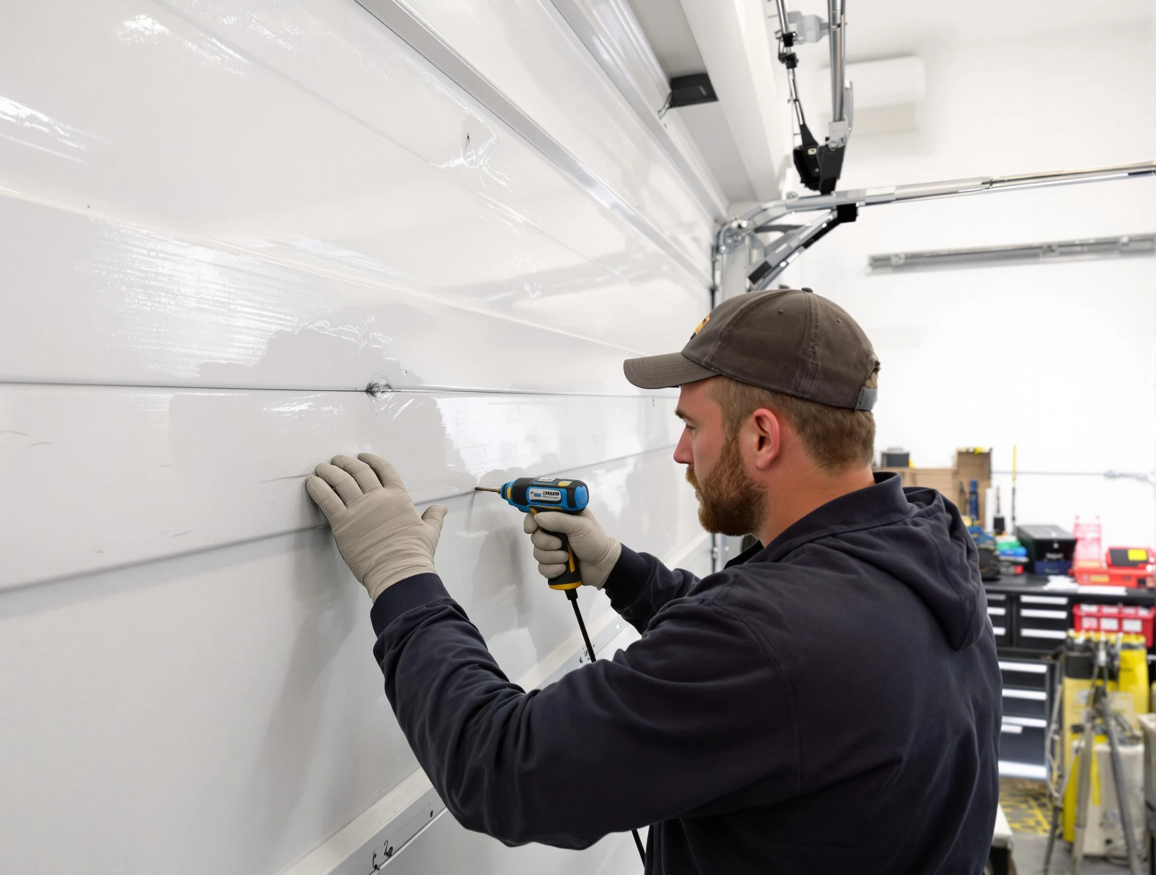 Mount Olive Garage Door Repair technician demonstrating precision dent removal techniques on a Mount Olive garage door
